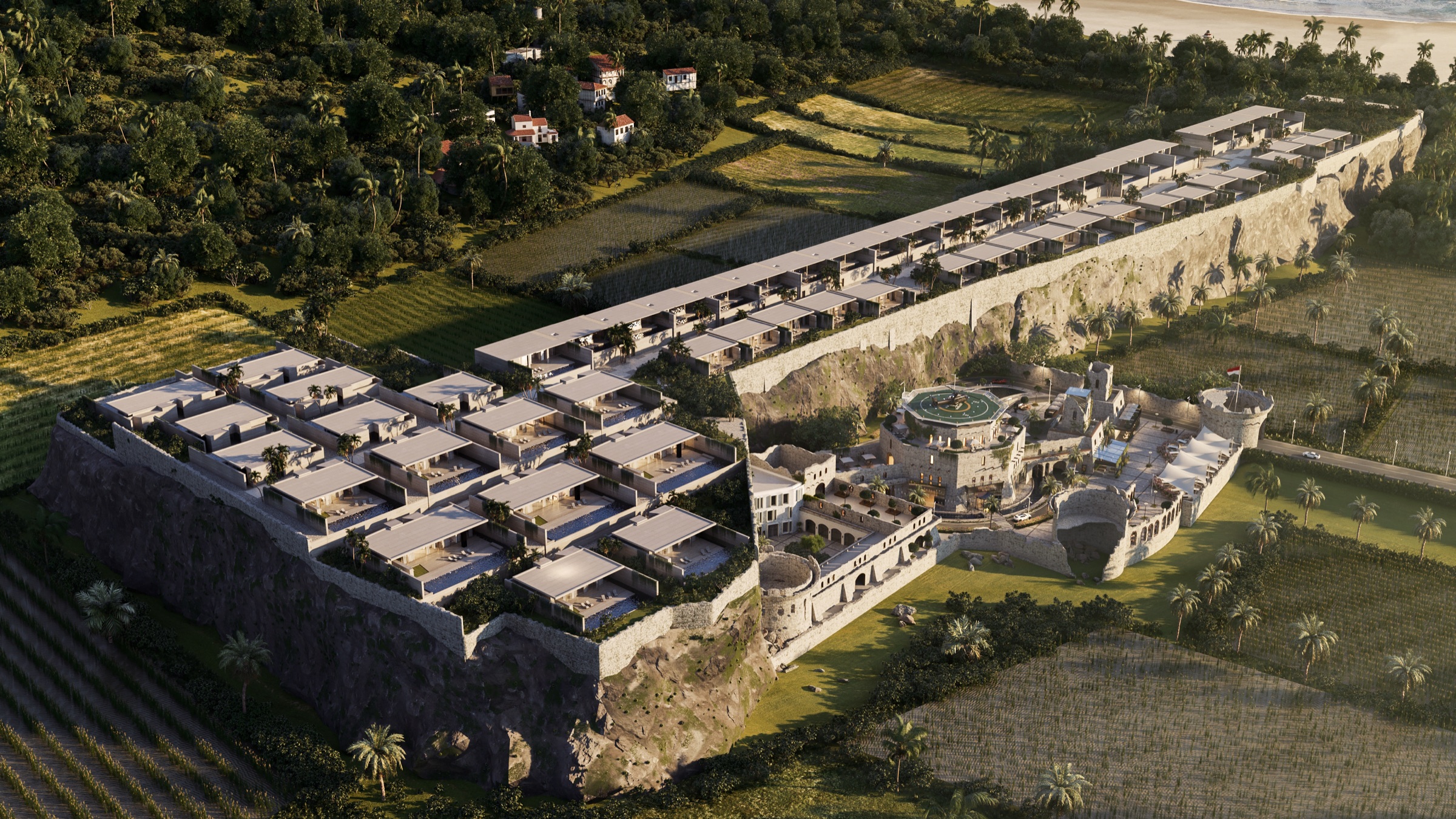 Aerial view of the Citadel cliff-top fortress at golden hour